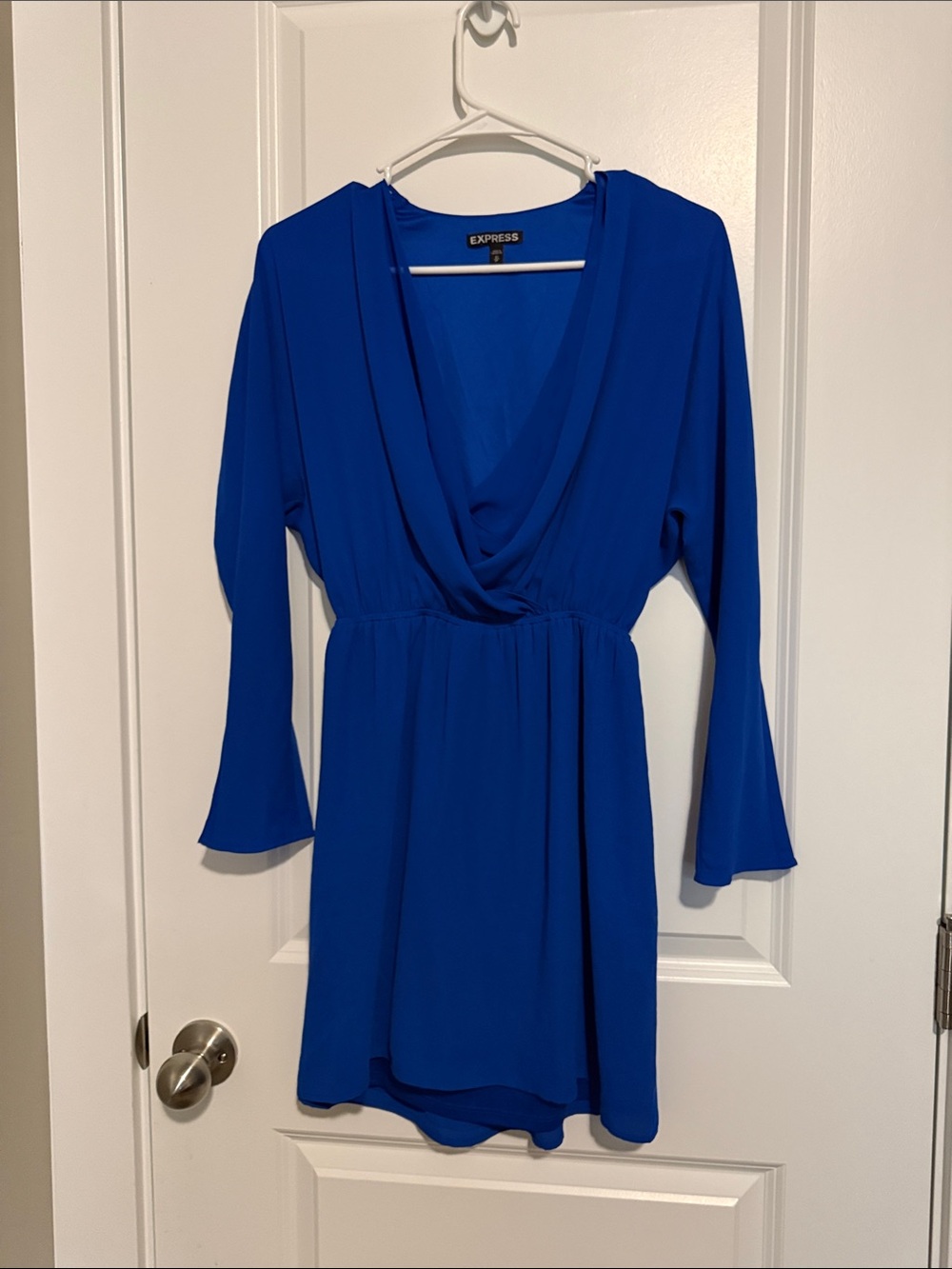 Express Cobalt Blue Draped V-Neck Long Sleeve Dress